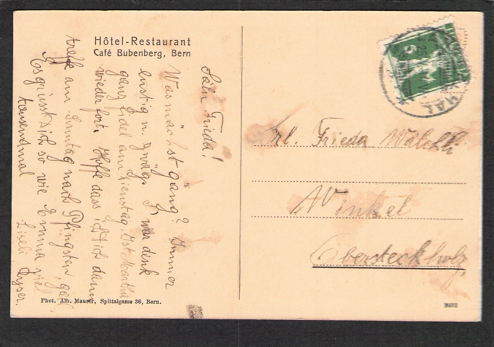 Cartoline postali: -Hotel Rest. Bubenberg,Bern , 1914 – Usato da Reichenburg venduto da Pipo-67 1