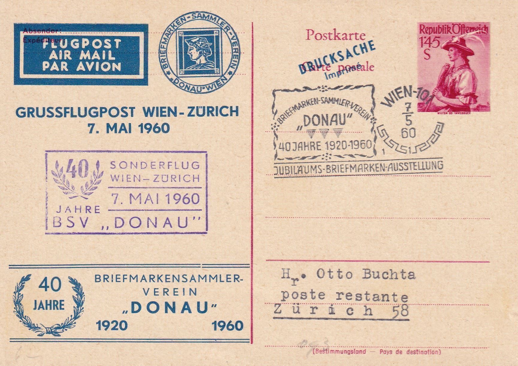 Tutti i francobolli: Grussflugpost Wien - Zürich 1960 – Usato da Baar venduto da Asmara111