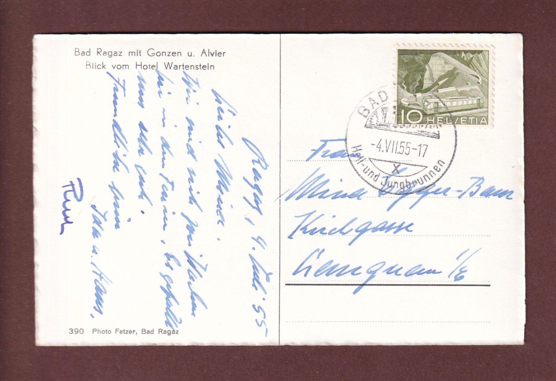 Cartoline postali: BAD RAGAZ - Gonzen - Alvier - 1955 – Usato da Pully venduto da nicecards-shop 1