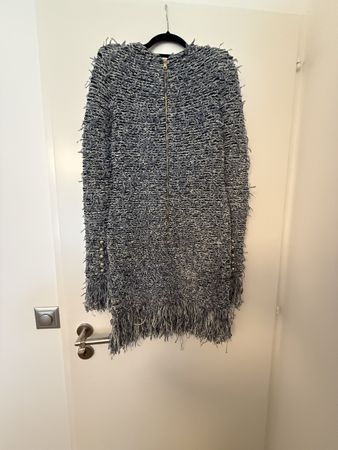 Robe Balmain tweed bleu gris à franges taille 40