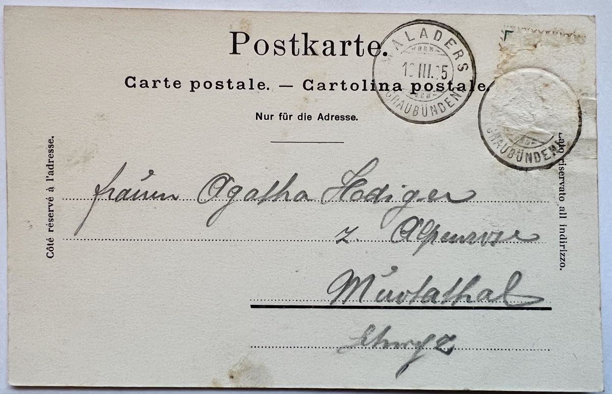 Cartoline postali: AK Maladers GR.1905  3 Bildrig mit Gasthaus Post ,Schulhaus. – Usato da Muotathal venduto da OttoK01 1