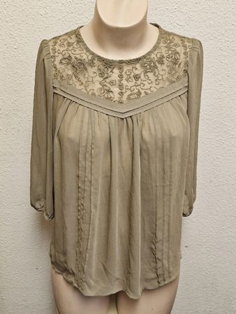 Damen Chiffonbluse Taupe/Khaki mit Stickerei – Sehr guter Zu