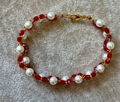 Handmade beaded bracelet red, white and gold, 20 cm long