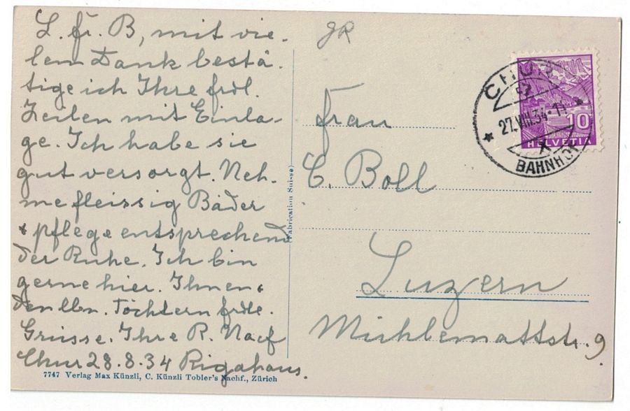 Ansichtskarten: Chur, gelaufen 1934 – Gebraucht aus Frauenfeld von POML 1