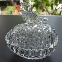 Vintage Deckeldose aus Glas, Ei-Form mit Vogel