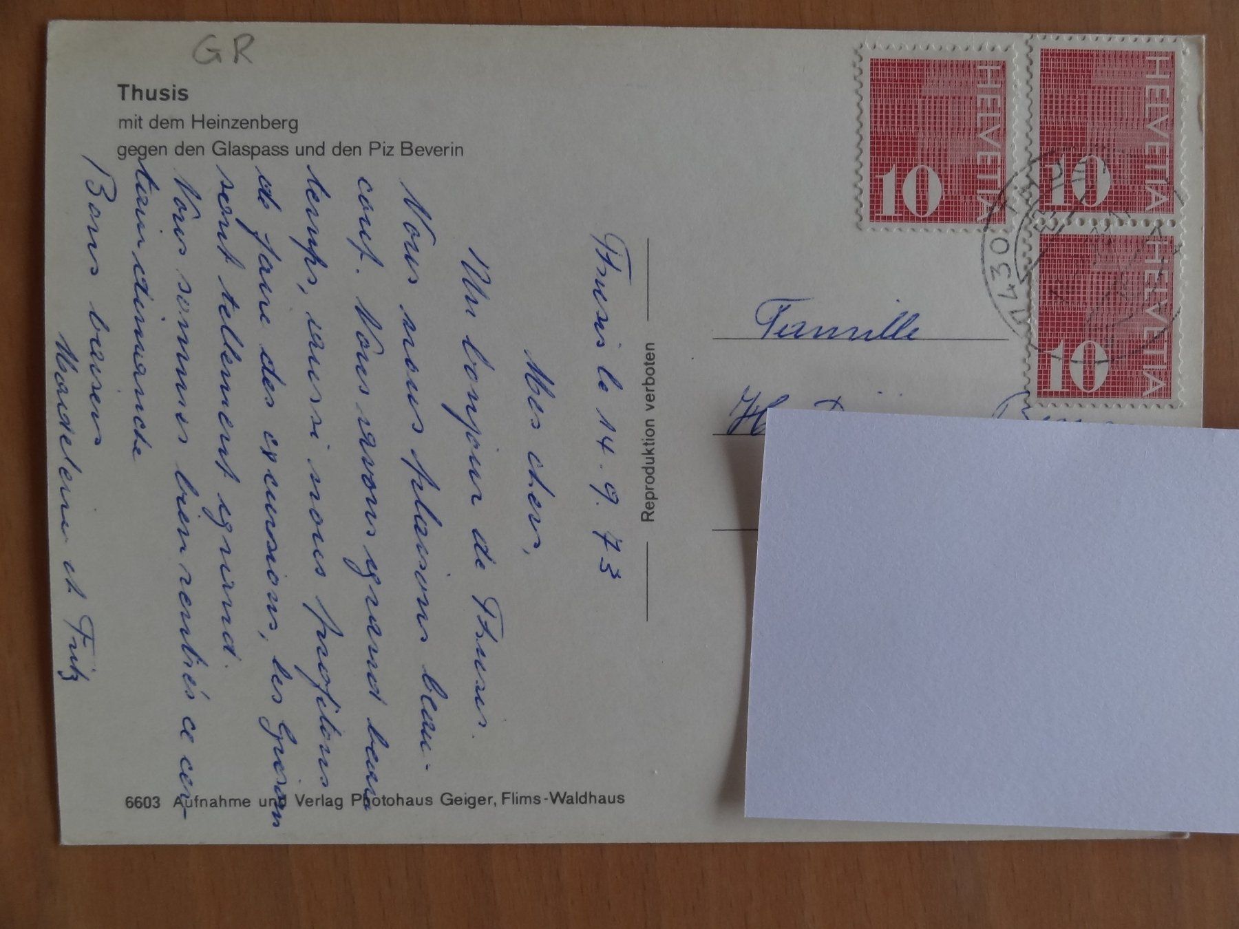 Ansichtskarten: Thusis mit dem Heinzenberg - 1973 – Gebraucht aus St Léonard von Riglin 1