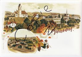 Gruss aus Männedorf -(Litho mit Bahnhof, Kirchen im Form A4)