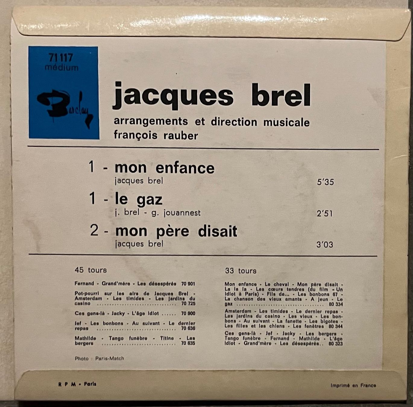 Vinyles: JACQUES BREL - MON ENFANCE – D'occasion à Bussigny par vinyl-pas-cher 1