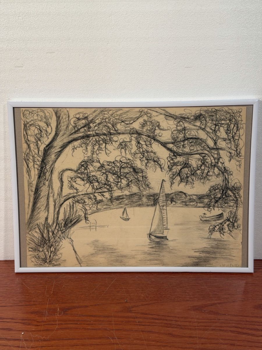 Dipinti: Framed Charcoal Drawing - Trees and Boats, signed Muller – Usato da Lausanne venduto da artnouveau05