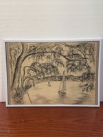 Framed Charcoal Drawing - Trees and Boats, signed Muller
