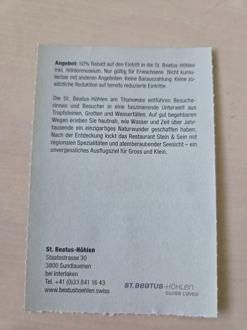 Gutscheine: Gutschein St. Beatus Höhlen – Gebraucht aus Liestal von ITOlio 1
