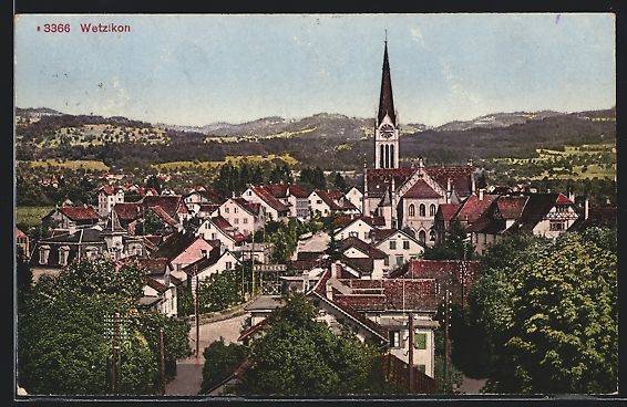 Cartoline postali: AK Wetzikon, Totale mit Kirche, 1921 – Usato da Berlin venduto da bartko-reher
