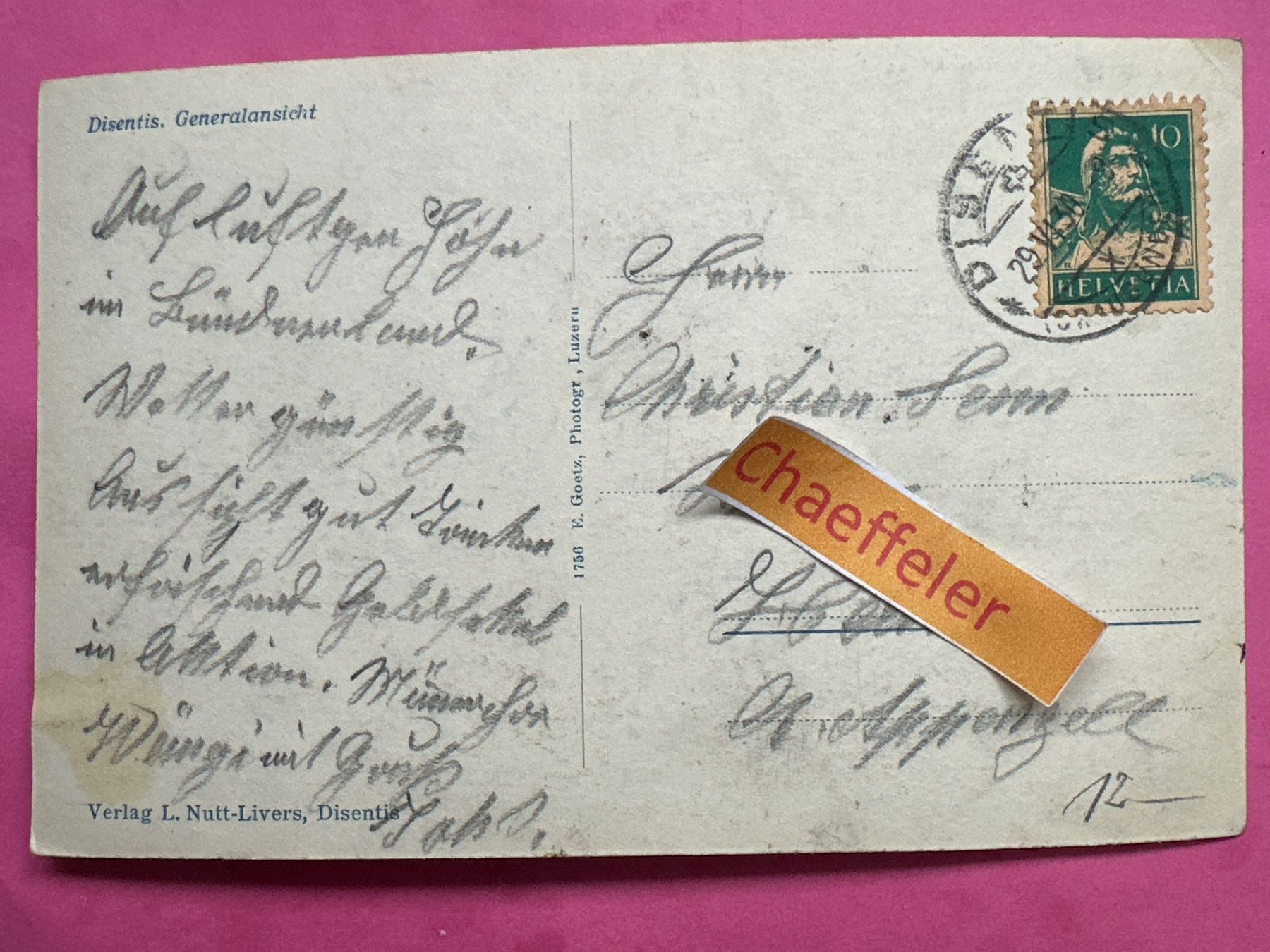 Ansichtskarten: 1930 Disentis. Generalansicht. – Gebraucht aus Zürich von Chaeffeler 1