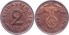 2 Pfennig Deutsches Reich Reichspfennig 1938 D