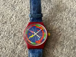 Swatch Uhr Rot Blau bunt Zifferblatt , Lederband