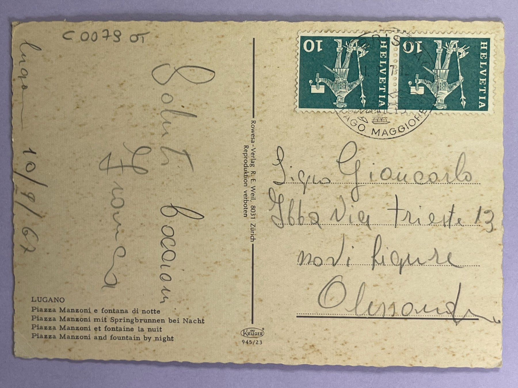 Cartoline postali: Lugano - Piazza Manzoni e fontana di notte – Usato da Steg VS venduto da danwer74 1