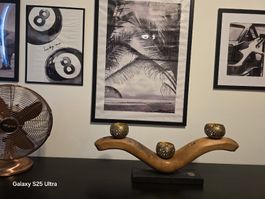 Kerzenständer Holz mit 3 Kerzenschalen goldfarben Metall 