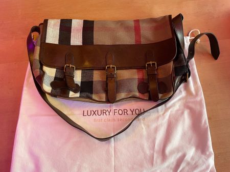 BURBERRY MESSENGER GIANT CHECK BEIGE TEXTIL JUTE BRAUN LEDER