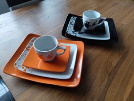 Geschirrset eckig schwarz/weiss, orange/weiss gebraucht