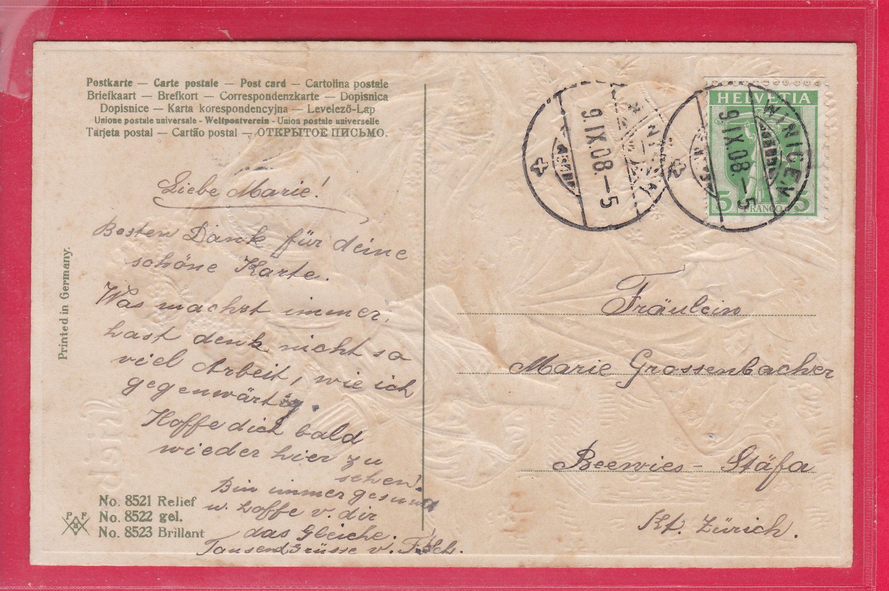 Cartoline postali: PRÄGEKARTE, LIEBE , 9.9.1908 – Usato da Oberrieden venduto da Gebirgsstelze 1