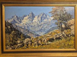 Peinture paysage montagne lac et voiliers 50x70 cm.