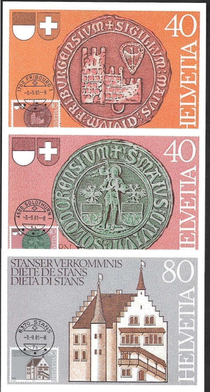 Tutti i francobolli: 3 Maximumkarten Serie 660-662 Orts-ET 3.9.1981 – Nuovo (secondo la descrizione) da Olten venduto da clotaldi