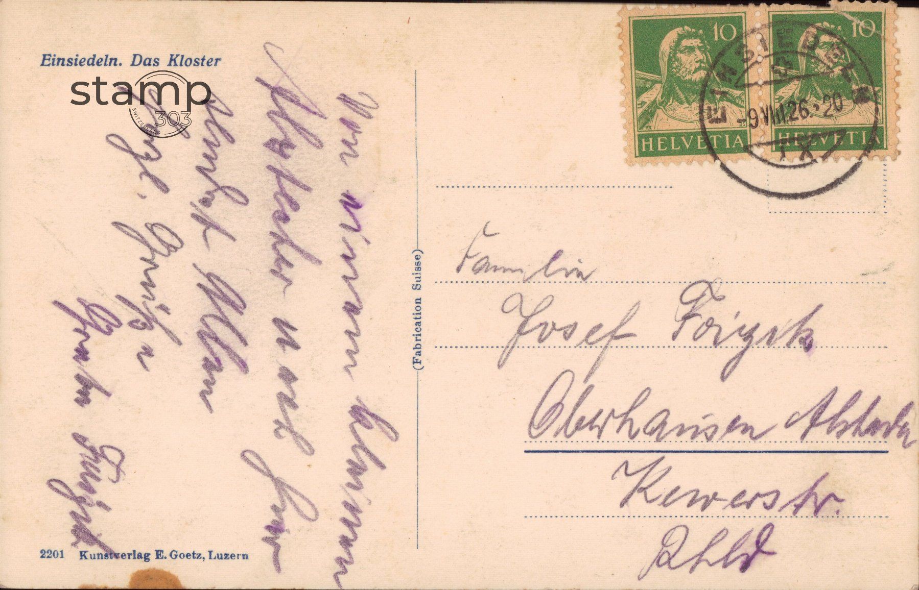 Cartoline postali: 1926_TOP_AK Einsiedeln _ Das Kloster – Usato da Eggersriet venduto da stamp303 1