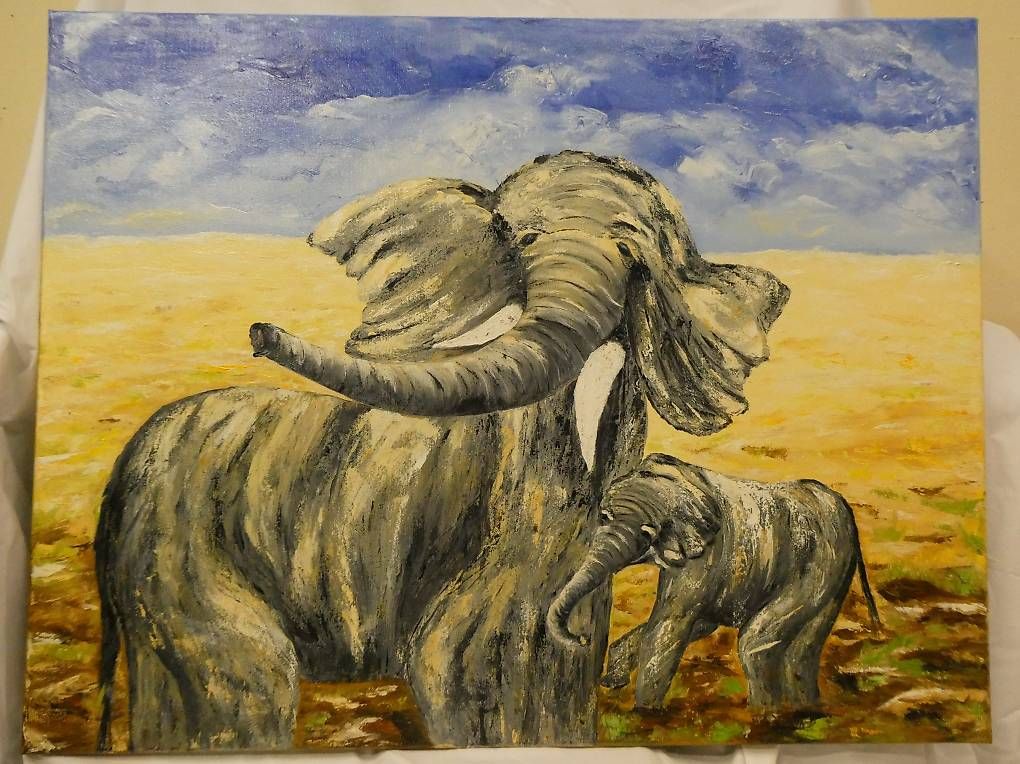 Foto & Immagini: Acryl-, Ölbild Elefantenmutter mit Baby – Usato da Uznach venduto da gartenri