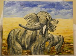 Acryl-, Ölbild Elefantenmutter mit Baby