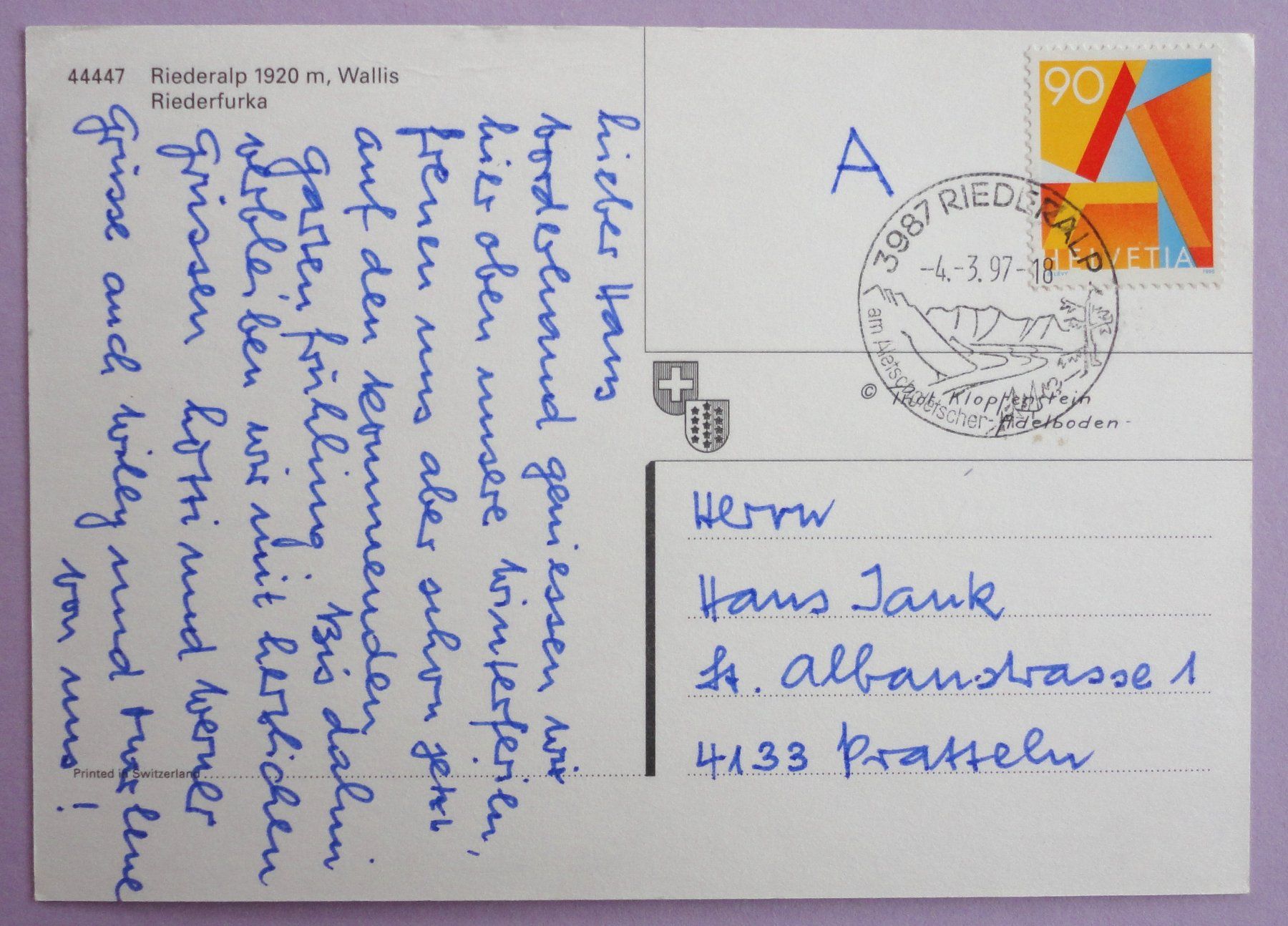 Cartoline postali: Riederalp 1920 m, Riederfurka – Usato da Fétigny venduto da Billy2miny 1