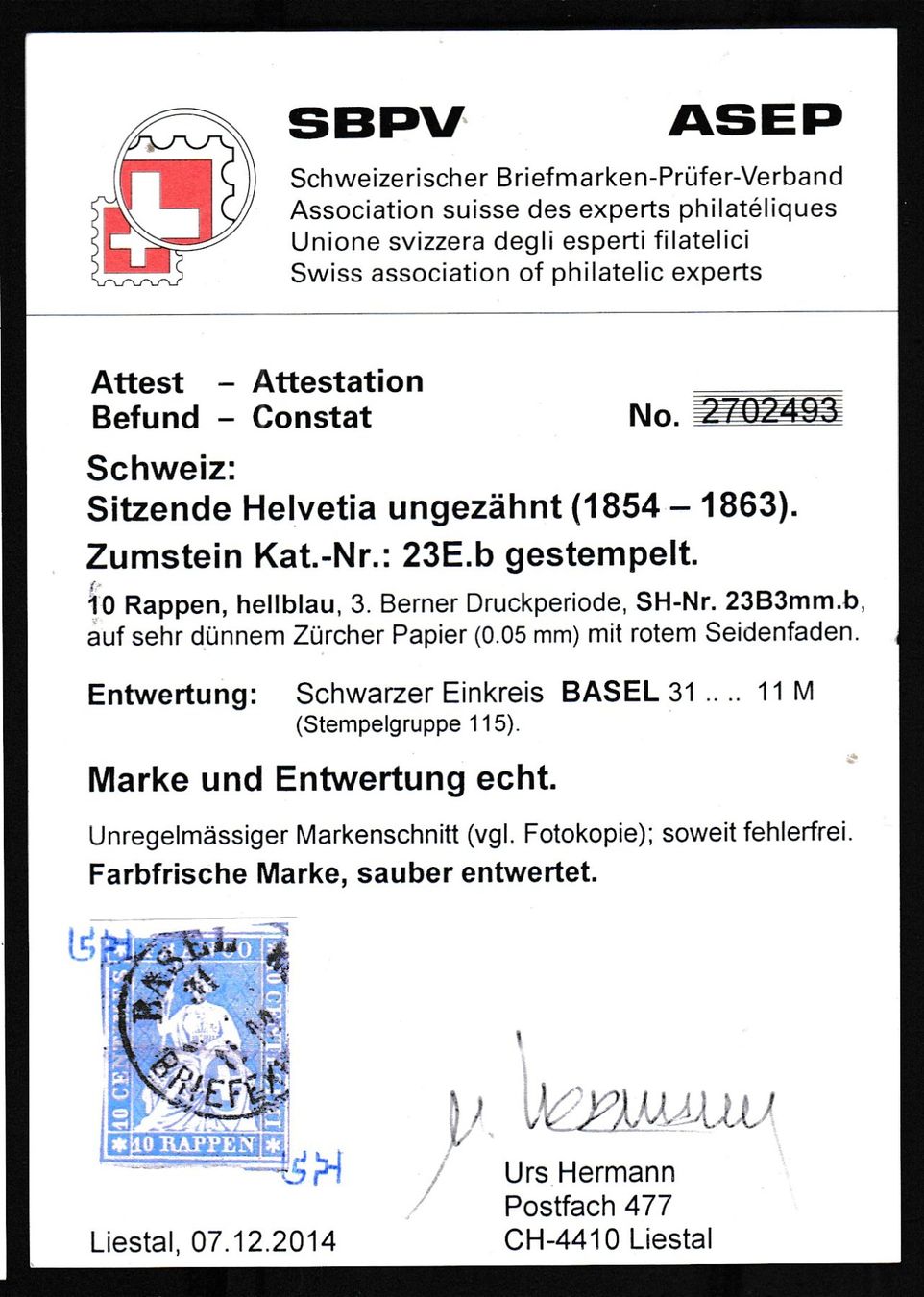 Tutti i francobolli: Strubeli 23B3mm – Usato da Büren an der Aare venduto da p.schwab 2