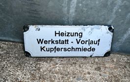 antik Emailschild HEIZUNG kupferschmiede emaille ca 16 x6cm