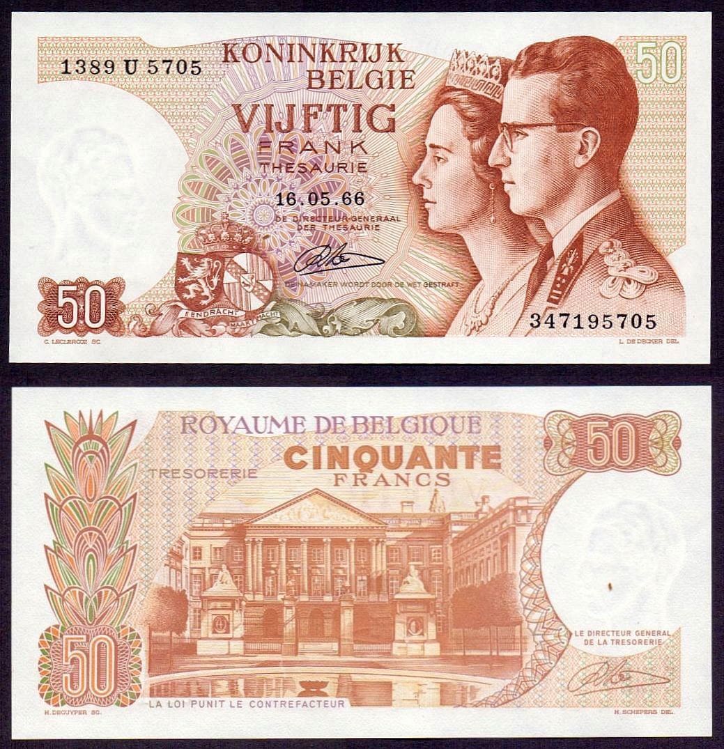 Banknoten: 50 francs Belgien 1966 UNZ – Neu (gemäss Beschreibung) aus Flamatt von samowarow