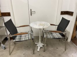 Gartentisch mit 2 Stühlen, Marmorplatte, Vintage Stil