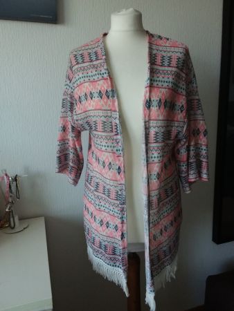 Gilet femme style ethnique, franges, rose/gris, taille M