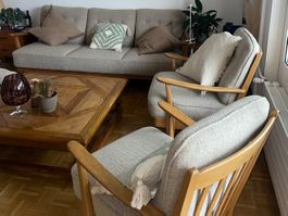 Canapé et fauteuils VINTAGES (bois, tissu beige)