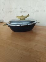 Ovale Fischpfanne mit Abtropfgitter und Edelstahldeckel, neu