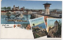 RAPPERSWIL 3-Bild-Litho mit Dampfschiff
