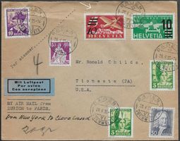 1935 Luftpost BADEN-PARIS-USA MISCH-Frankatur mit Vignette