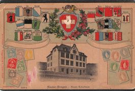 ^Prägekarte Nieder - Gösgen , Neues Schulhaus , gel. 1907