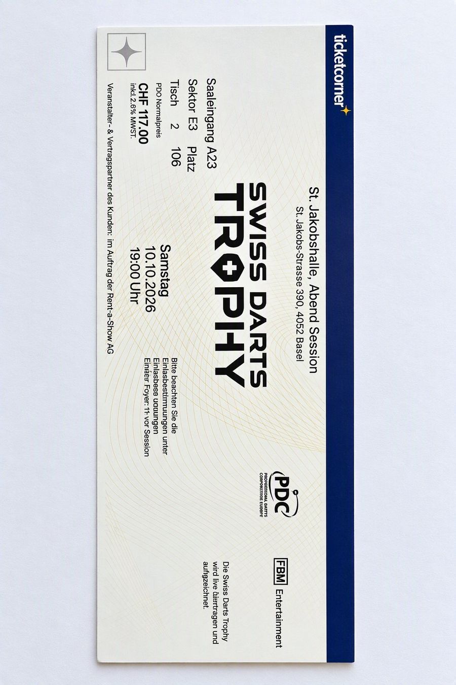 Biglietti: Ticket Swiss Darts Trophy Basel 10.10.2026 – Nuovo (secondo la descrizione) da Oberdiessbach venduto da michu2205
