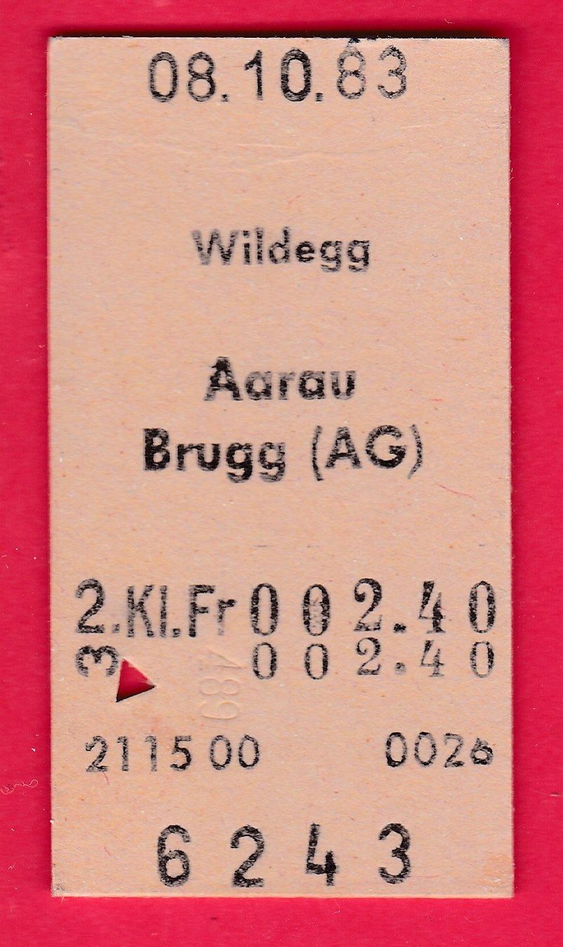 Billets: KARTON BILLETT, WILDEGG - BRUGG(AG), 2.KLASSE, EINFACH. 1983 – D'occasion à Oberrieden par Gebirgsstelze
