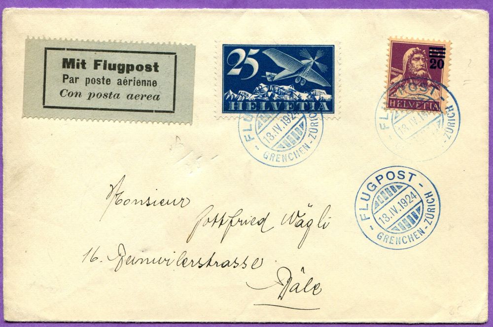 1924 Flugpost blau GRENCHEN - ZÜRICH 25c+20c (Gebraucht) in Zug für CHF ...