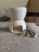 Schoggi Fondue Keramik weiss mit Gabeln gebrauchter Zustand