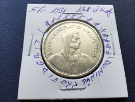 5 Franken Silbermünze 1931 mit 13 Sterne über Kopf VZ