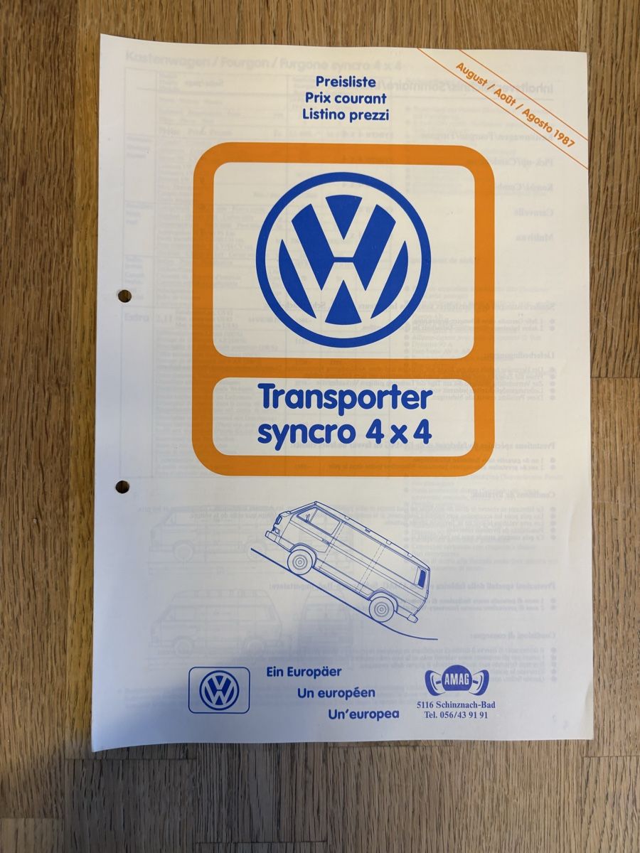 VW Documenti: VW Transporter Syncro 4x4 Preisliste August 1987 Prospekt – Usato da Freienstein venduto da Golfbueb