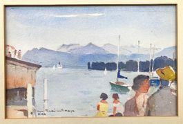 🌟Aquarell See Sommer Seelandschaft Gebirge Segelboote sig🌟
