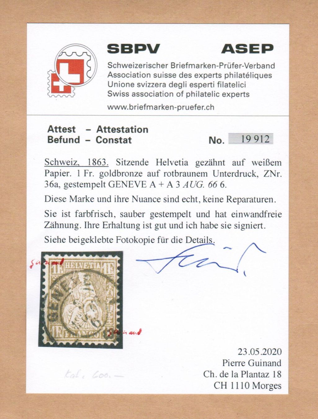 Tutti i francobolli: Si.Helvetia Nr.36a - Attest Guinand – Usato da Bern venduto da peri02 3