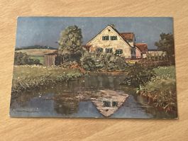 Alte Ansichtskarte - Idyllische Nachtszene mit Haus