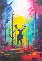 Acrylbild abstrakt bunt Wald Natur Hirsch Tier Neu